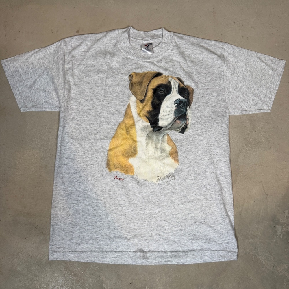 Vintage 90s Jerzees Robert J May Boxer Dog Graphic T-Shirt Gray Mens Medium